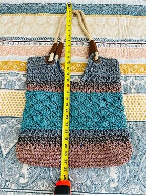 Handwoven Multicolor Crochet Shoulder Bag in Teal, Gray, and Brown
